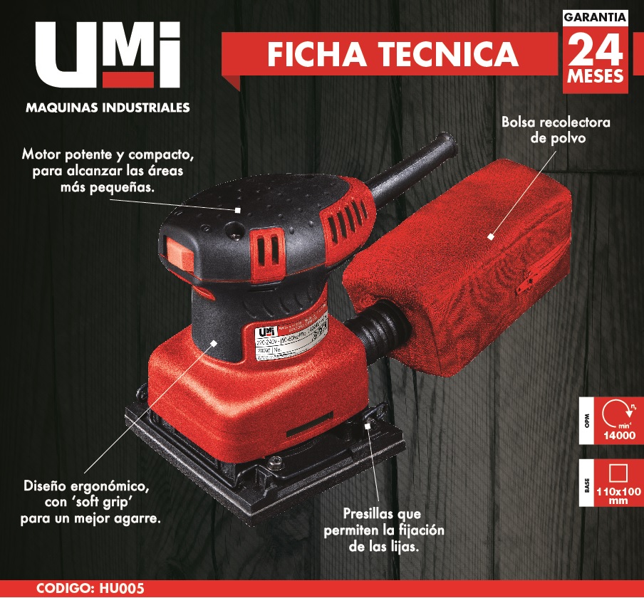 Producto #0956UMI0060 - LIJADORA ORBITAL 210W HU005 110X100 14000RPM 