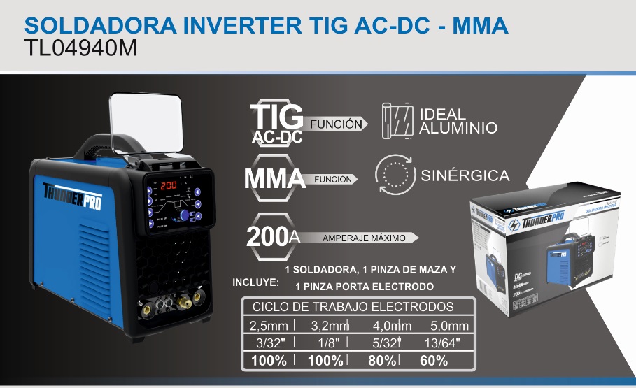 Producto #2272SOL0015 - SOLDADORA TIG AC-DC IDEAL ALUMINIO 200AMP SINERGICA TL04940 